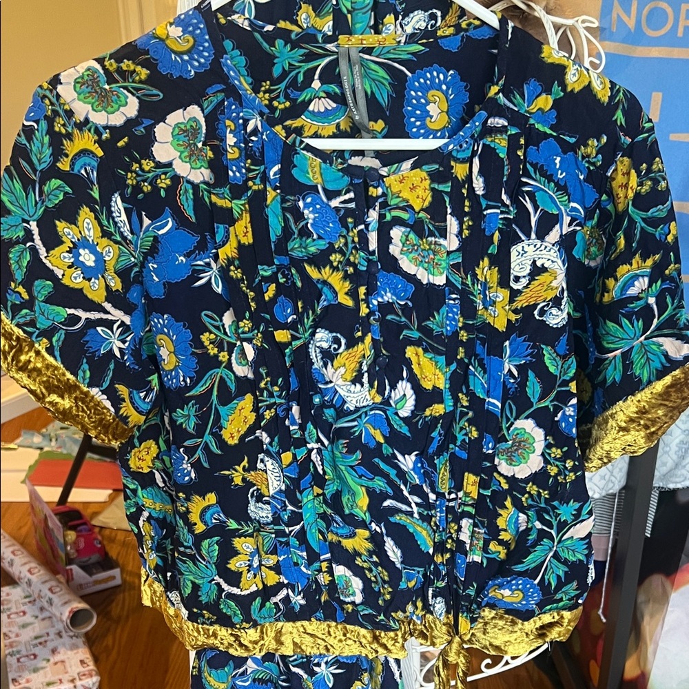 Anthropologie Navy Floral Top  and bottom with Gold Highlights